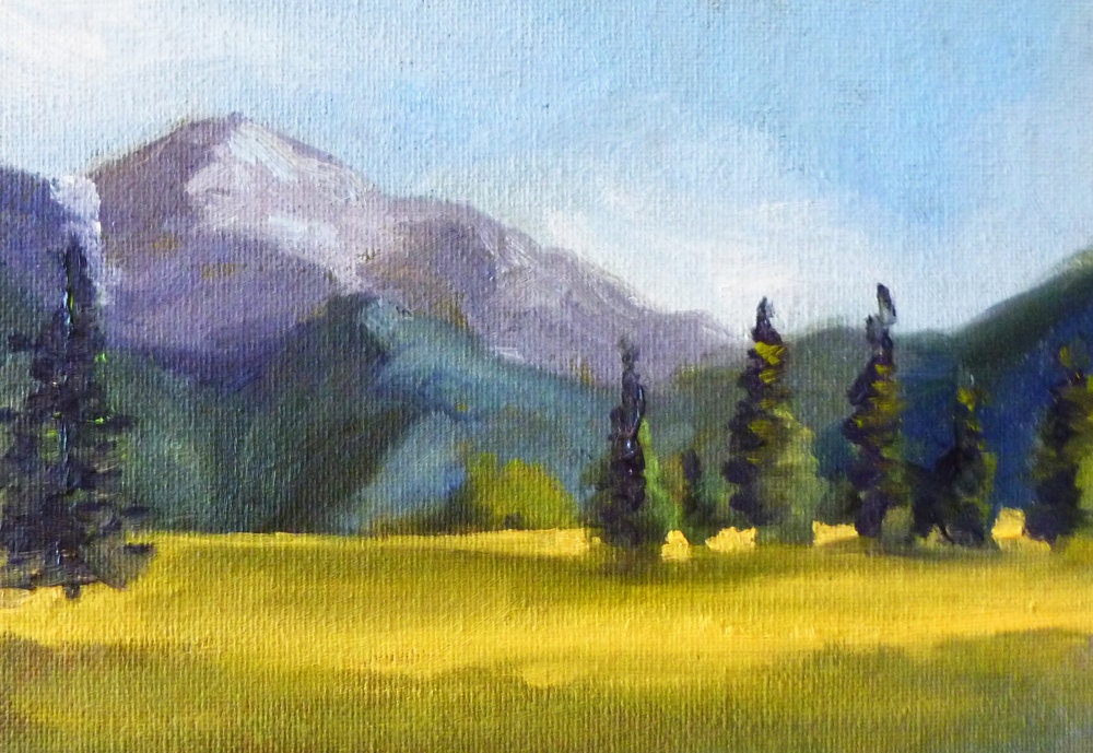 Montana Field Landscape Oil Painting, Original on Canvas, Small 5x7, Wall Decor, Mountain and Trees, Field