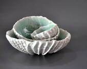 SALE - Set Of 3 Copper Blue Nesting Scallop Bowls - Ceramic Porcelain Textured Bowls  Beach Coastal Decor