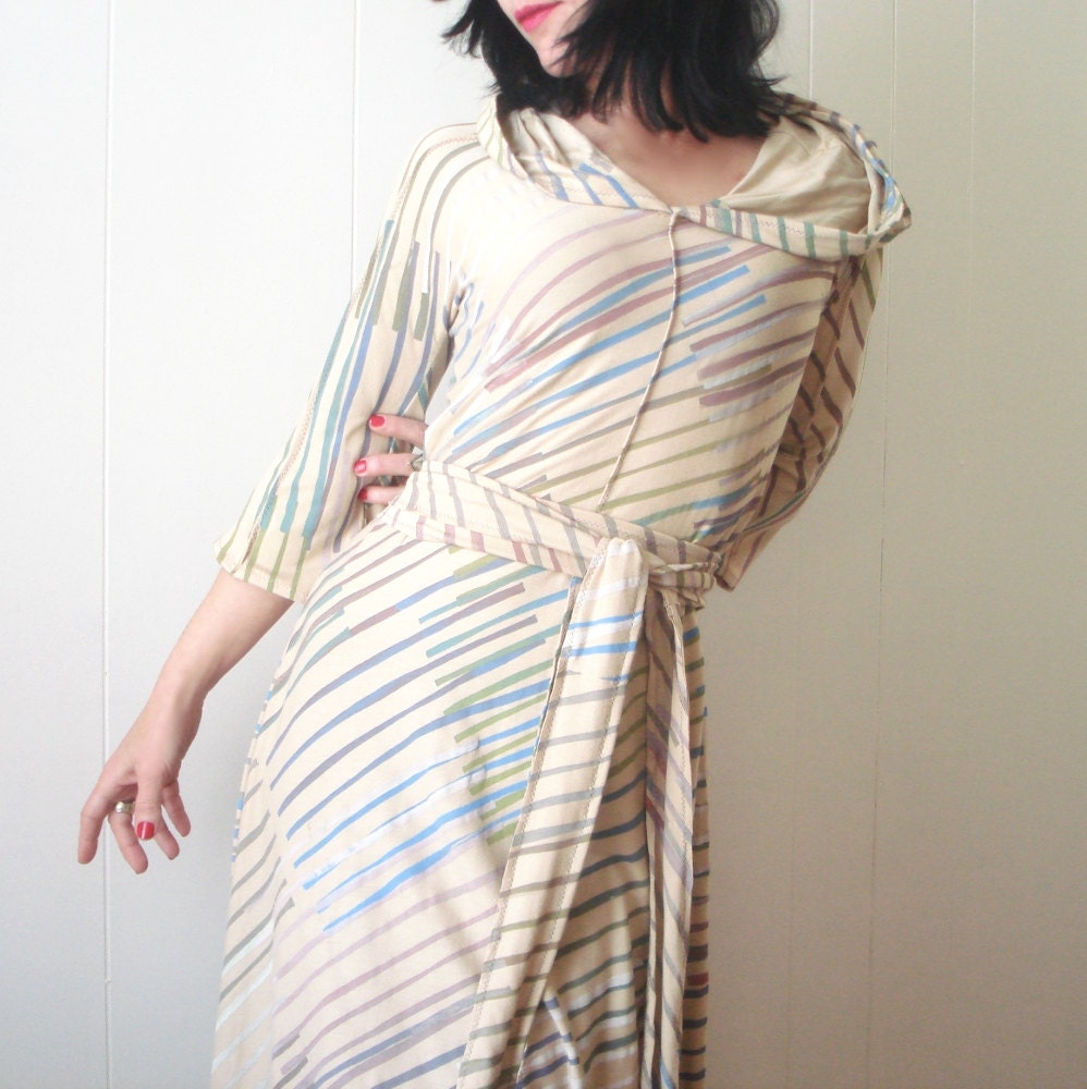 Till We Meet Again - iheartfink Handmade Hand Printed Muted Diagonal Stripes Womens Artistic Hooded Day Dress