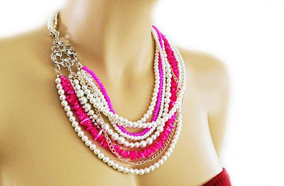 Pearl Necklace with Fuchsia Pink Weddings Brides Bridesmaids Chunky Statement Bib Rhinestone Vintage Style Beach Weddings Bride