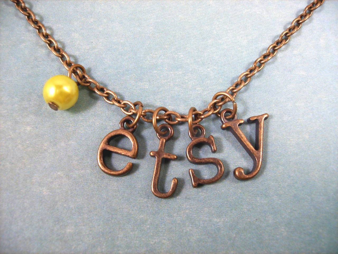 Initial Necklace, Personalized Charm Necklace, One Letter and Glass Charm, Brass Beaded Necklace, Free Shipping U.S.