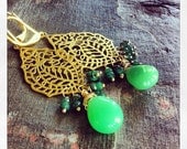 Emerald and Chrysoprase Gold Peacock Feather Dangle Earrings -   gifts for her May Birthday - Vert Plume