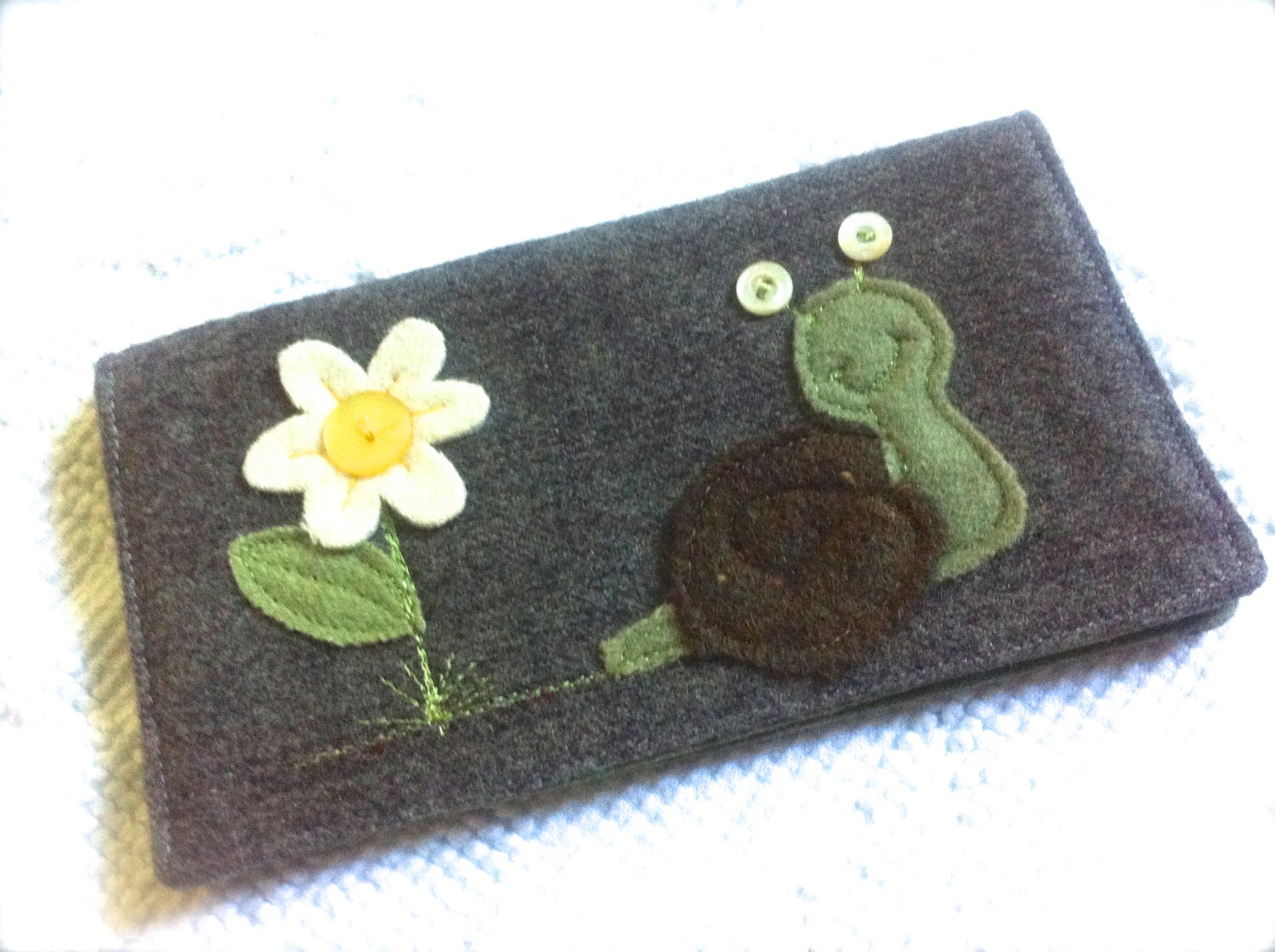Slimy the snail Checkbook Cover Repurposed Wool