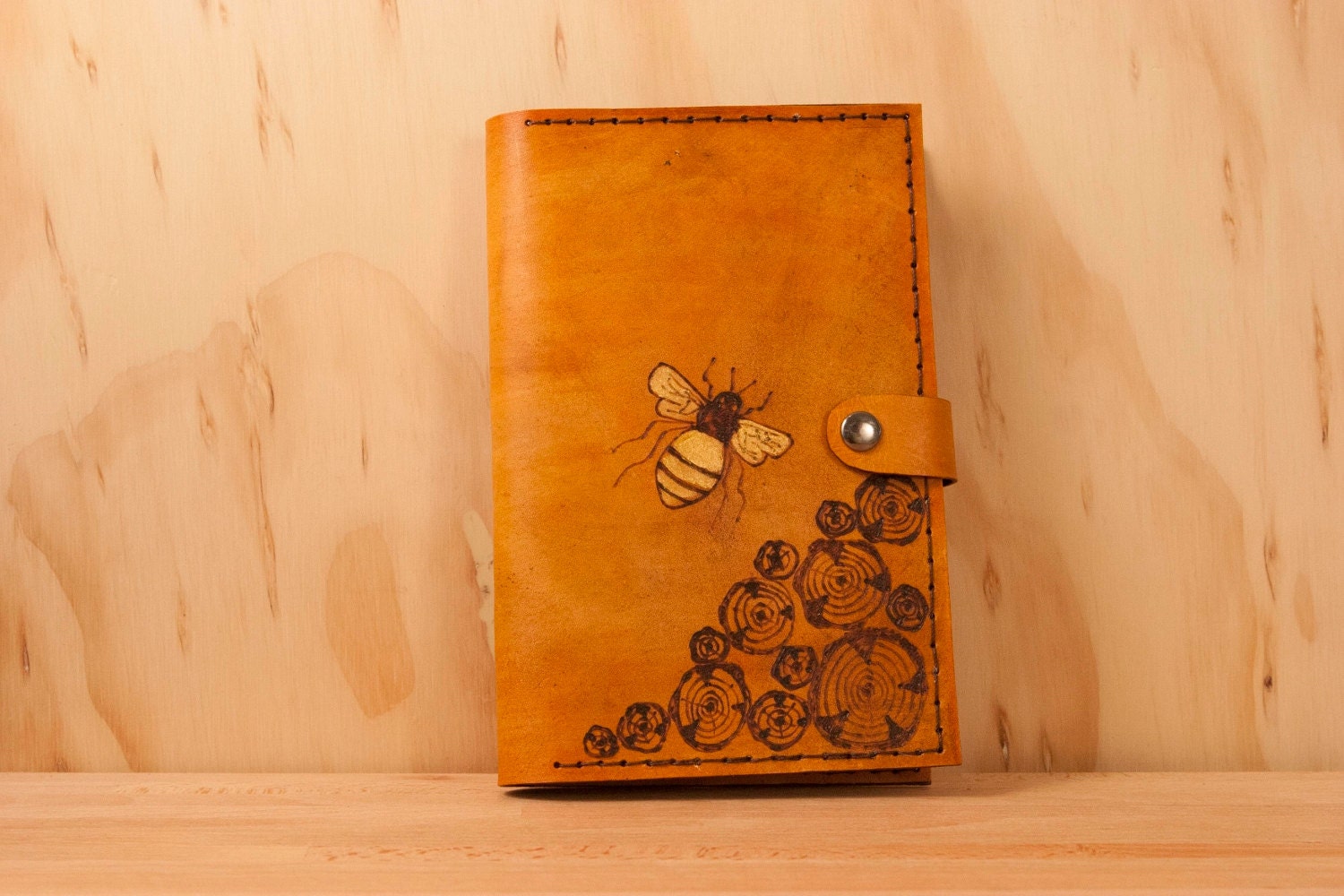 Leather Kindle Fire Case -  Worker Bee pattern - Gold and antique Tan