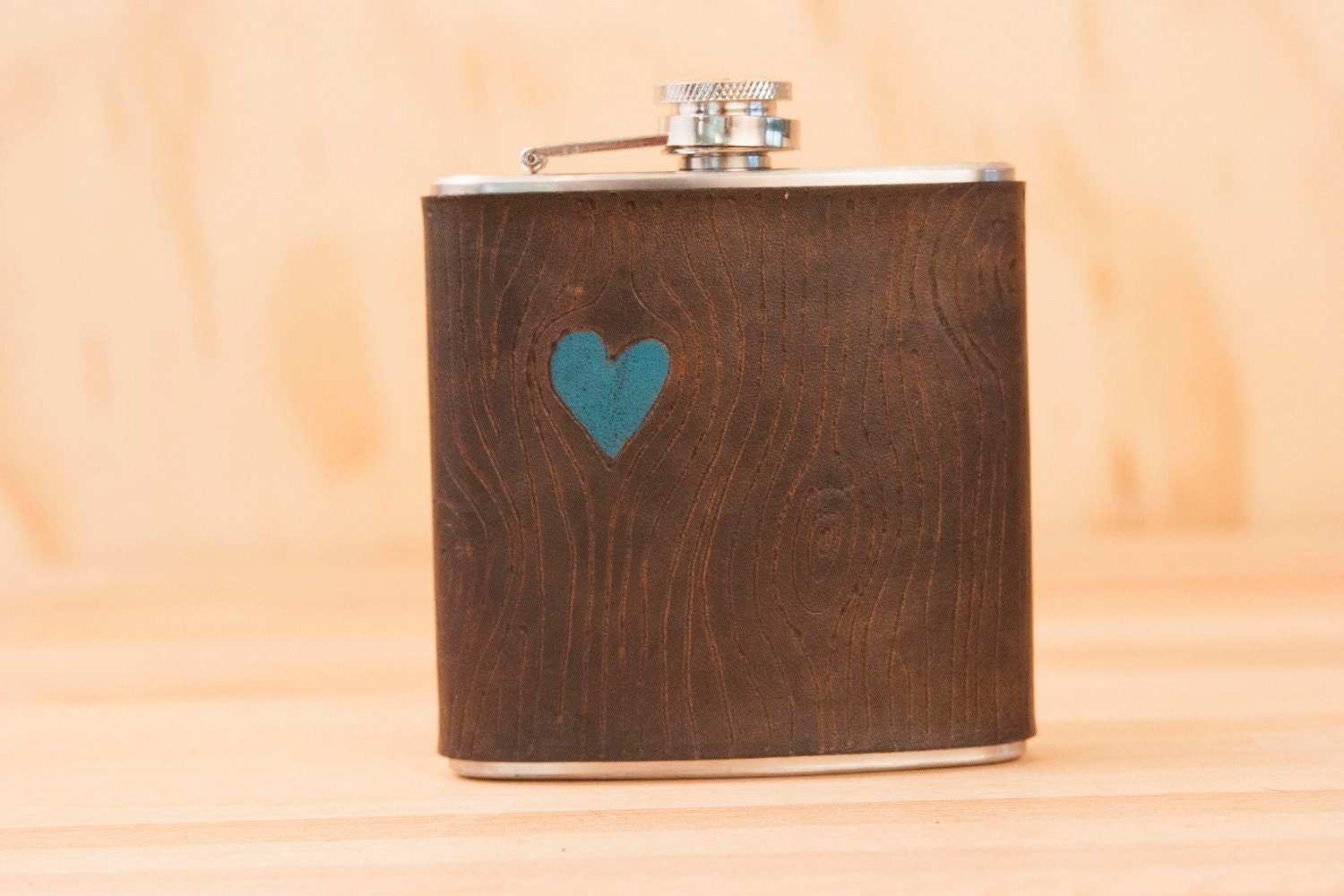 Leather and Stainless Steel Flask - Turquoise and Antique Black  - Nice Pattern with Woodgrain and Heart