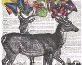 Deer,Butterflies.Collage.Fantasy. Antique Book Pages Print, handmade gift.home decor,vintage,retro.french.mixed media.art.mom.dad.child