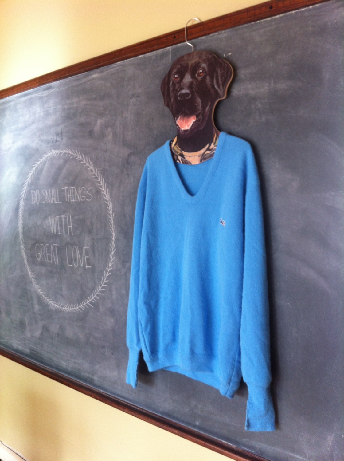 Vintage Mens Baby Blue V-neck Fox Sweater - Size L