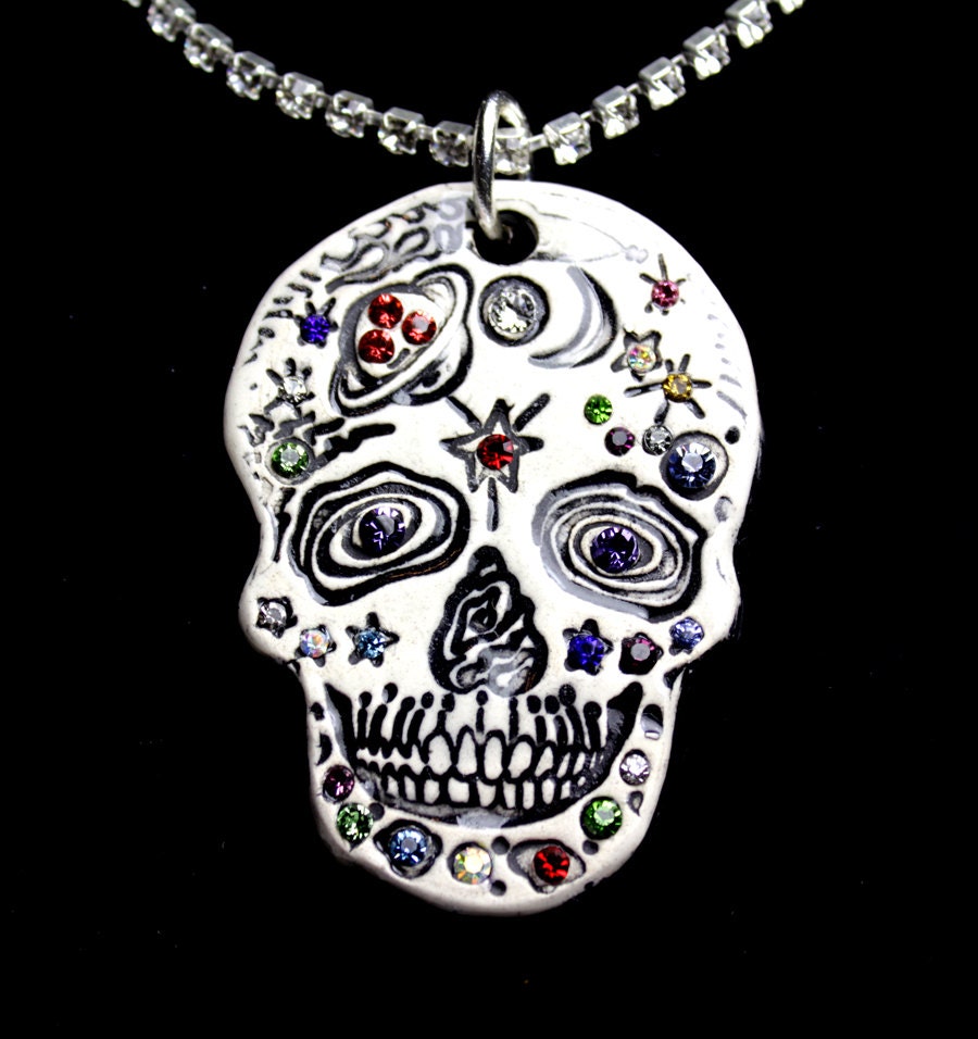 Space Day of the Dead Skull Sparkle Surly Necklace with Swarovski Crystals