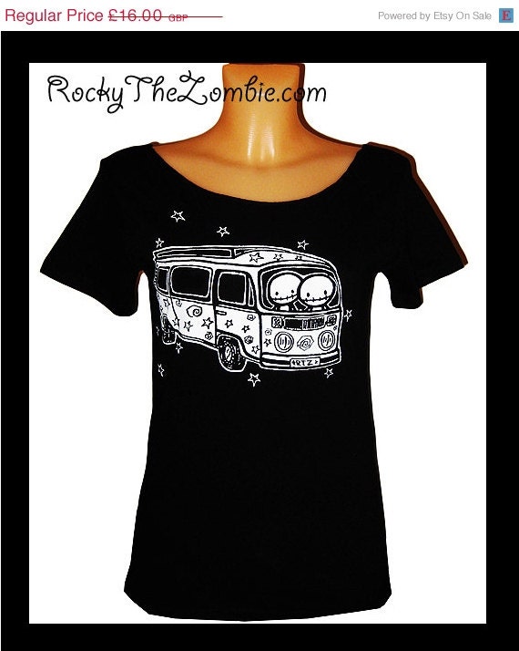 40% OFF Slash Neck  Zombie Hippy Magic Bus VW Camper Rocky The Zombie t-shirt in black