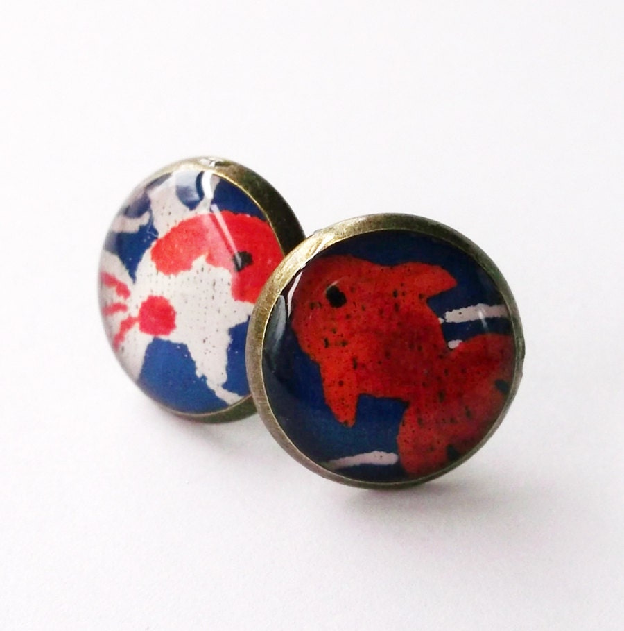 Post Earrings Japanese Antique Brass Chiyogami Washi. Koi Bubbles