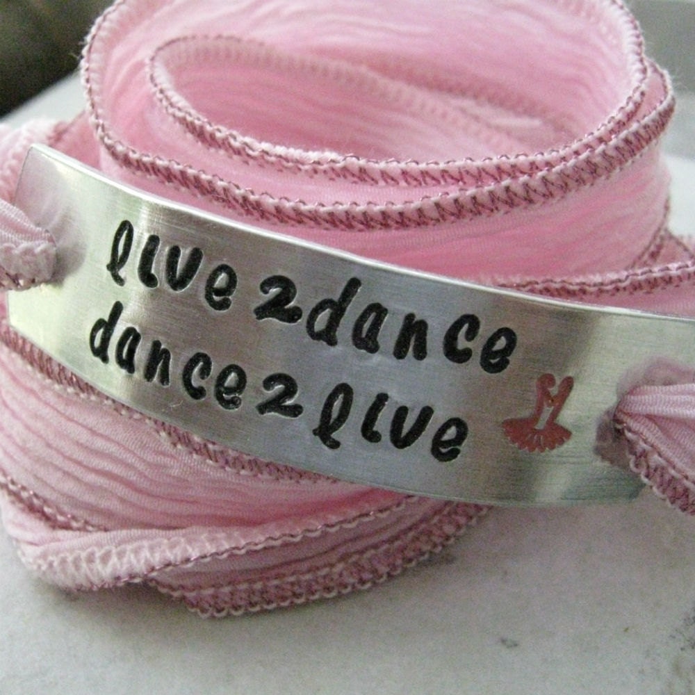 Live To Dance, Dance To Live Silk Ribbon Wrap Bracelet, aluminum tag with hand dyed ribbon in shades of pale pink