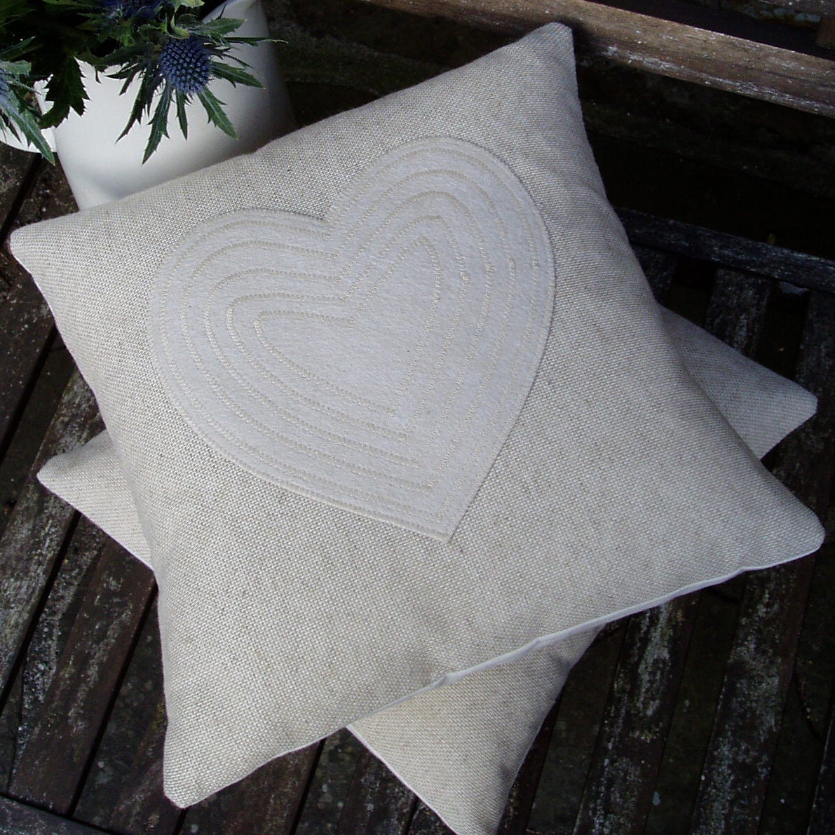 Heart Mini Cushion/pillow in linen and apliqued oatmeal felt