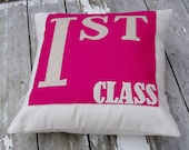 First Class Cushion/pillow in hot pink appliqued wool felt
