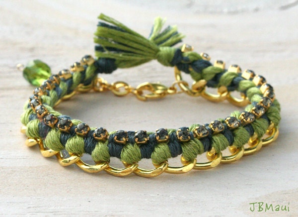 Chain and Floss Woven Bracelet with Rhinestones - Olive Green and Gray, Woven, Stackable, Bohemian