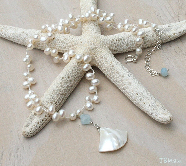White with a Hint of Blue Beach Bride Pearl and Mother of Pearl Necklace - Something Blue Beachy Boho Bride