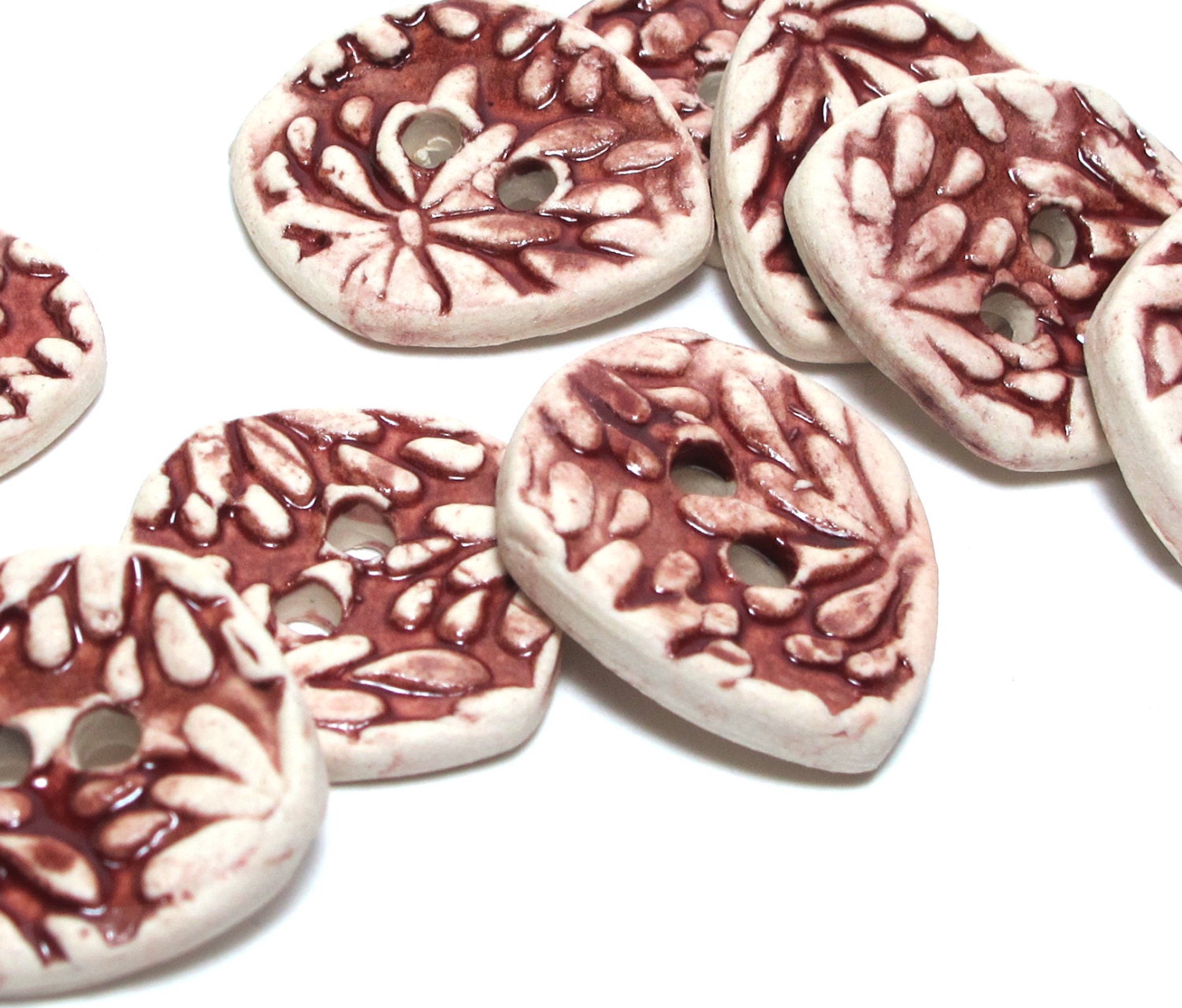 Handmade Ceramic Stoneware Buttons - Embossed Flowers Brick Red