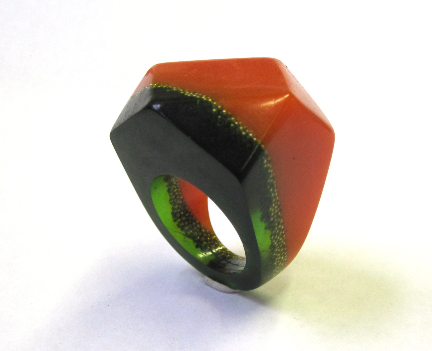 Orange Green and Gold Resin Ring