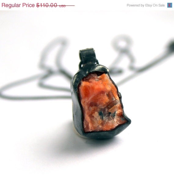 20% off sale Rough stone pendant, raw orange calcite, oxidized sterling silver necklace, metalwork pendant, One of a kind