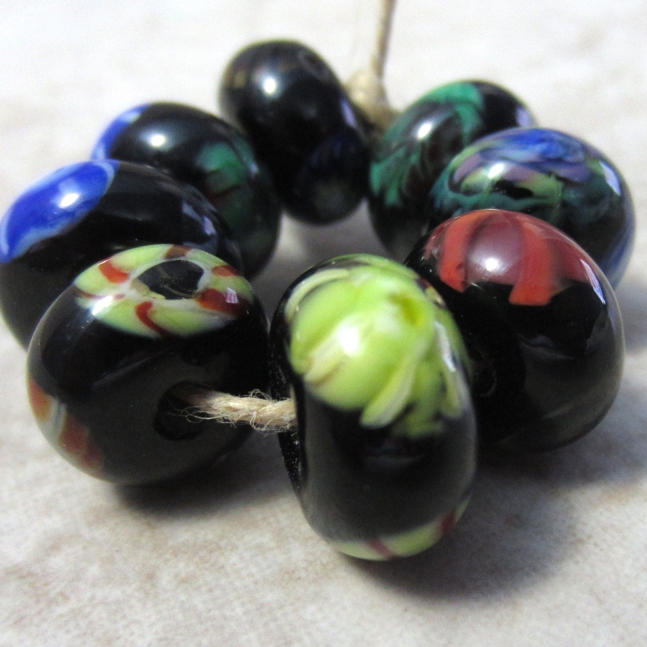 Secrets of the Black Lagoon Handmade Lampwork Glass Bead Set with Handmade Murrrini