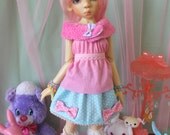 Fairy Kei Polka Dot MINI Skirt Blue with Pink Bows for Leekeworld Art body and SD Super Dollfie Kaye Wiggs MSD bjds lolita cute mikhaila