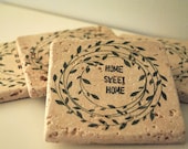 Home Sweet Home Wreath Natural Stone Coasters. Set of 4. Rustic, Home, Home Decor, Housewarming
