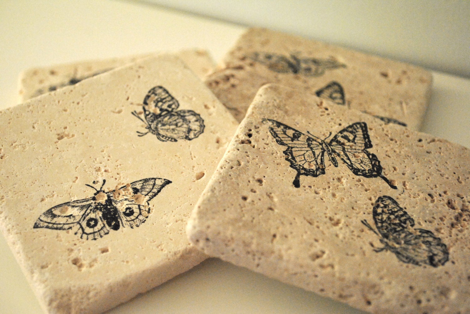Butterflies Natural Stone Coasters. Set of 4. Spring, Garden, Home Decor, Housewarming