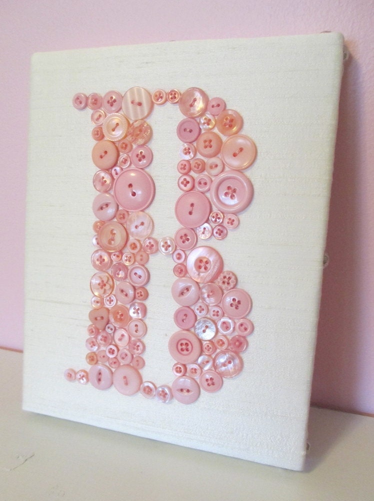 Personalized Nursery Letter Button Monogram on Canvas -- Your Choice Button Color on Ivory or White Silk -- by Letter Perfect Designs