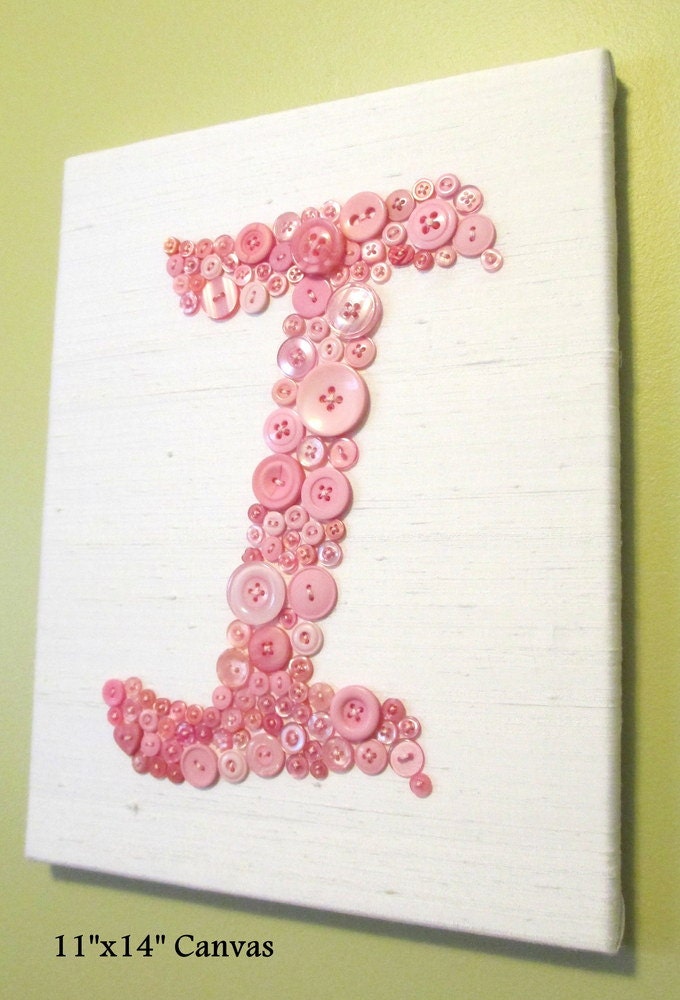 Personalized Nursery Wall Art Baby Monogram in Buttons on Canvas -- Your Choice Button Color on Ivory or White Silk
