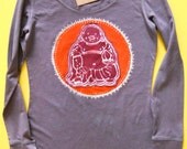 Women laughing buddha batik aplique long sleeve t-shirt -yoga clothes - yoga clothing - blackberry grey size M.
