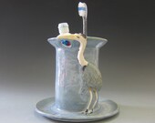 Great Blue Heron Toothbrush Holder--Wheelthrown Porcelain--Dusty Blue