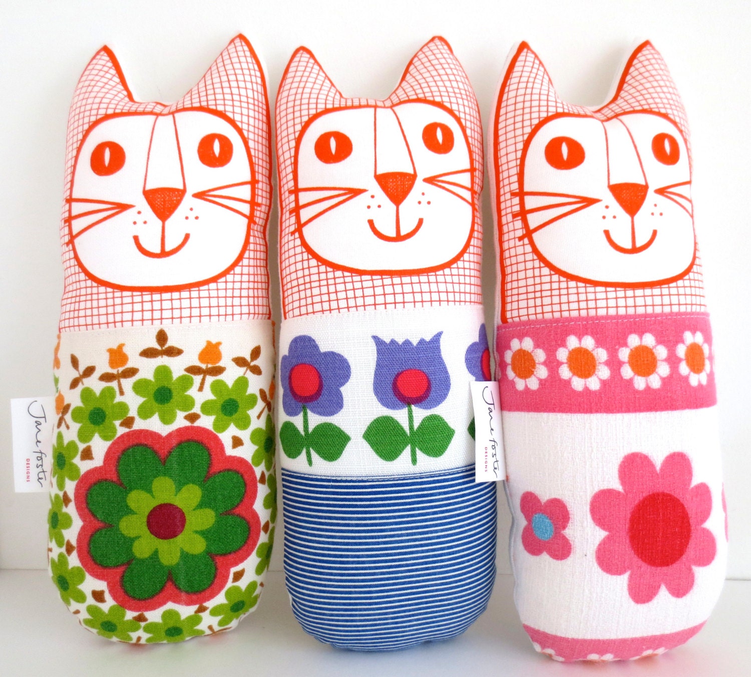 Original Scandinavian style 70s fabric handmade cat toy plush softie by Jane Foster