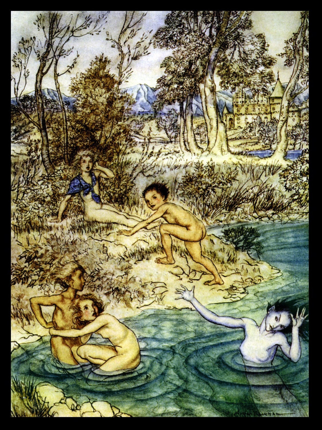 Mature Children Nude Swimming In Lakes Giclée Printed Art Sew on 3 x 4in Twill Back Patch Frame Able Craft Free S/H MBG
