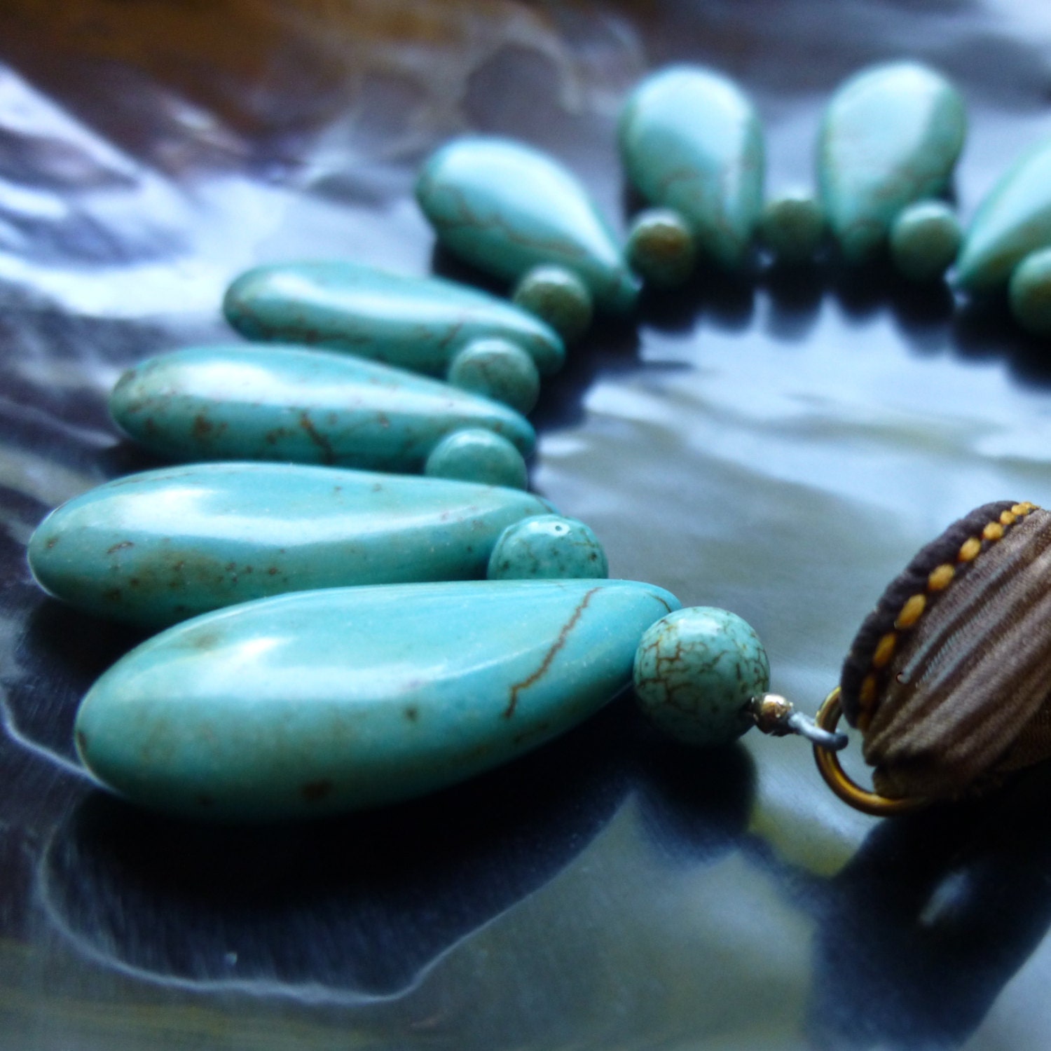 Turquoise Bib Necklace, Teardrop Beads,  Adjustable Length Ribbon
