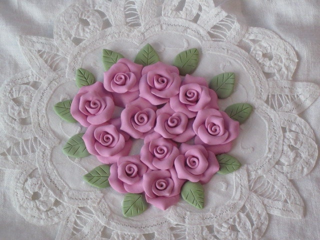 12 PINK Hand Made Polymer Clay ROSES w/leaves ecs sct schteam SVHteam