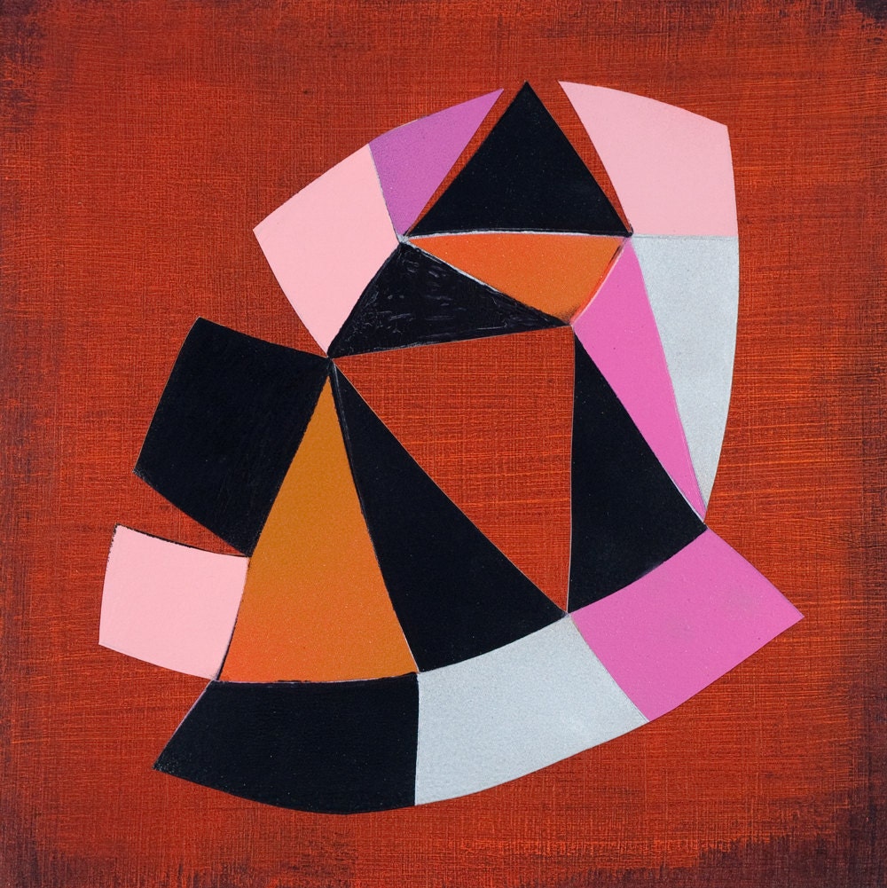 Framed Small Original Oil  Painting on Board Abstraction Red Orange Black and Pink titled Unboxed
