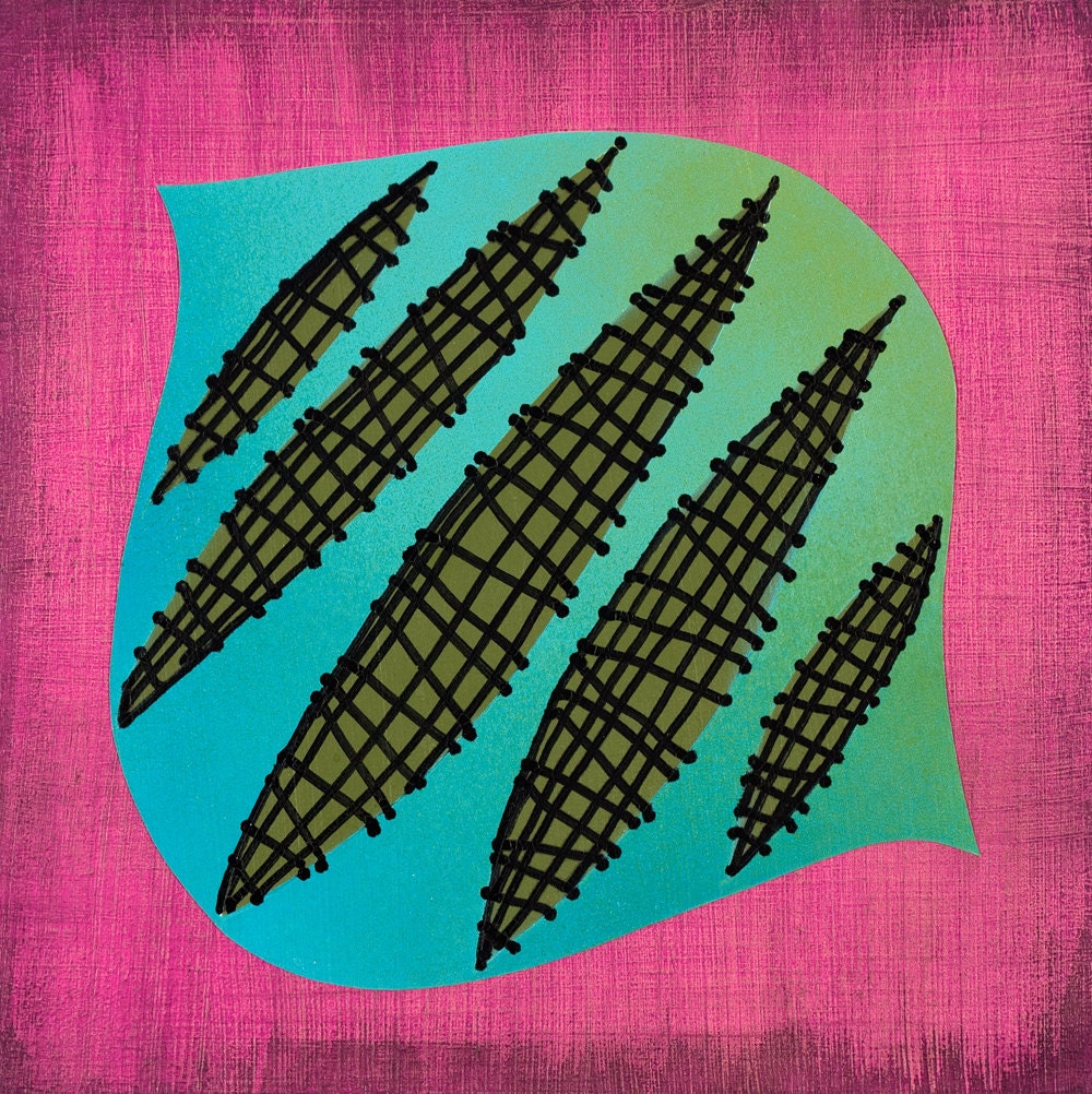 Framed Small Original Oil  Painting on Board Abstraction Pink Aqua Green and Black titled Squashed