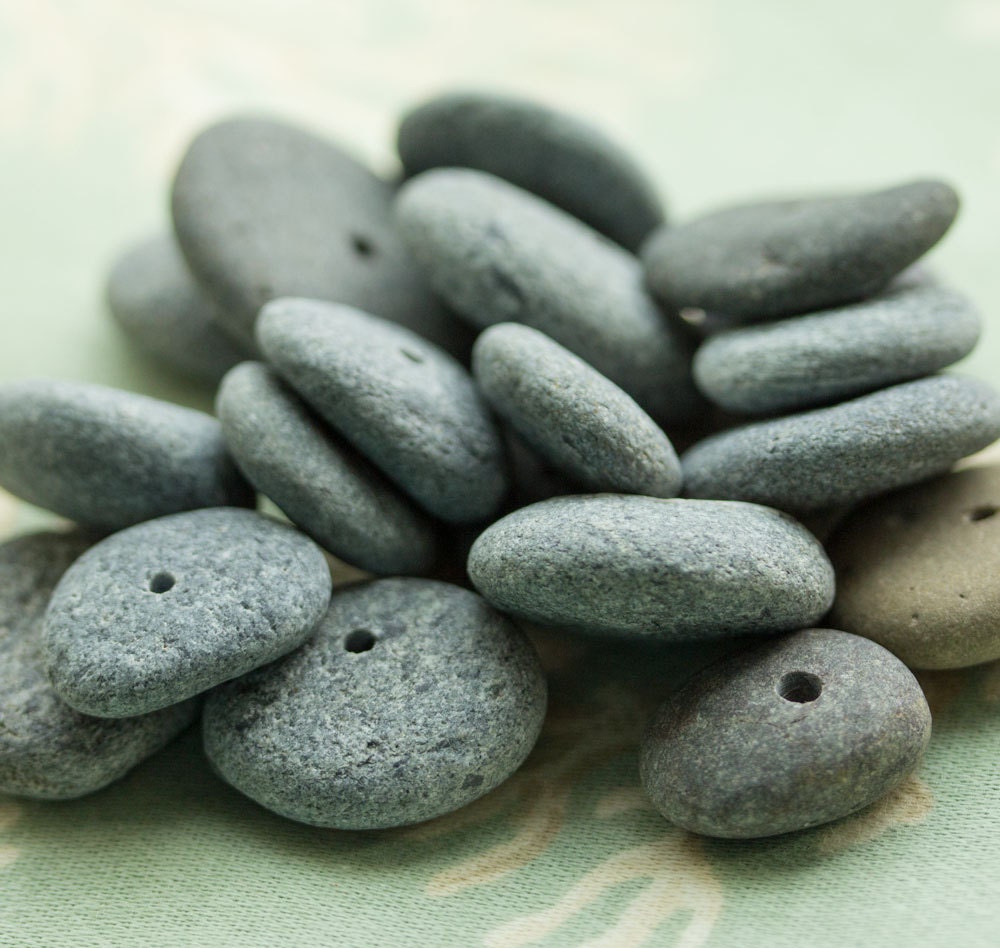 Alaska River Stone Beads, 19 pcs hand drilled, Sewing notions, Jewelry making beads