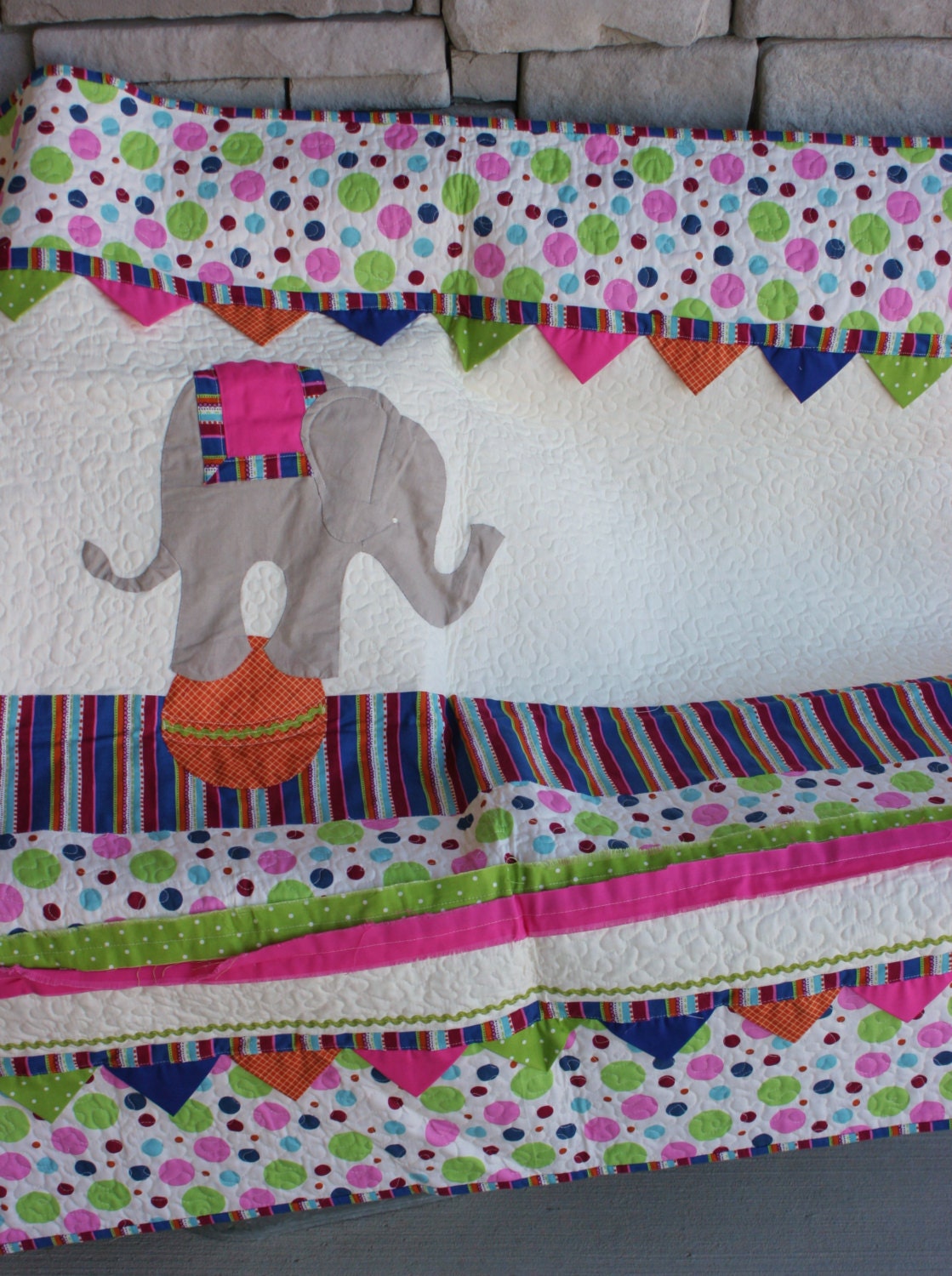 Circus Celebration Baby Quilt in Bright Blue Green Orange and Pink