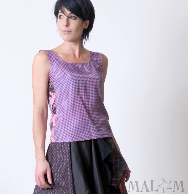 Summer sleeveless top - Vintage hot pink and blue - Size S