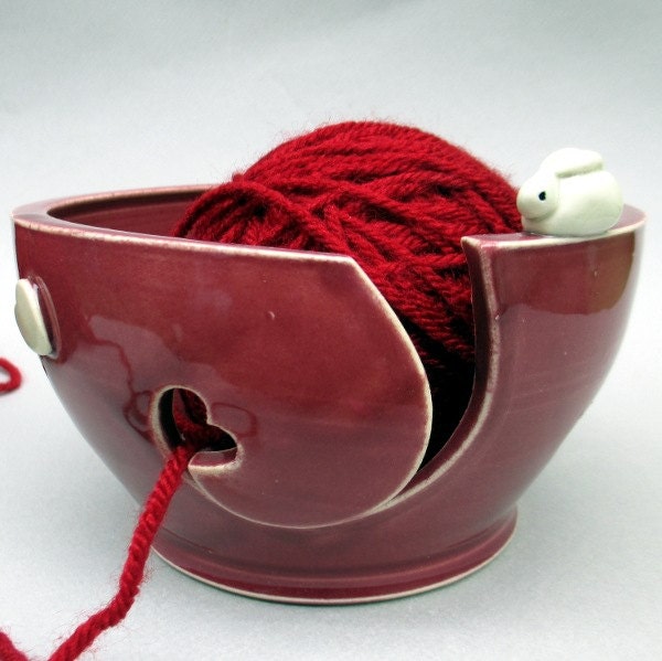 Heart Bunnies Yarn Bowl, Knitting Bowl - Cherry Red - Handmade Stoneware Pottery
