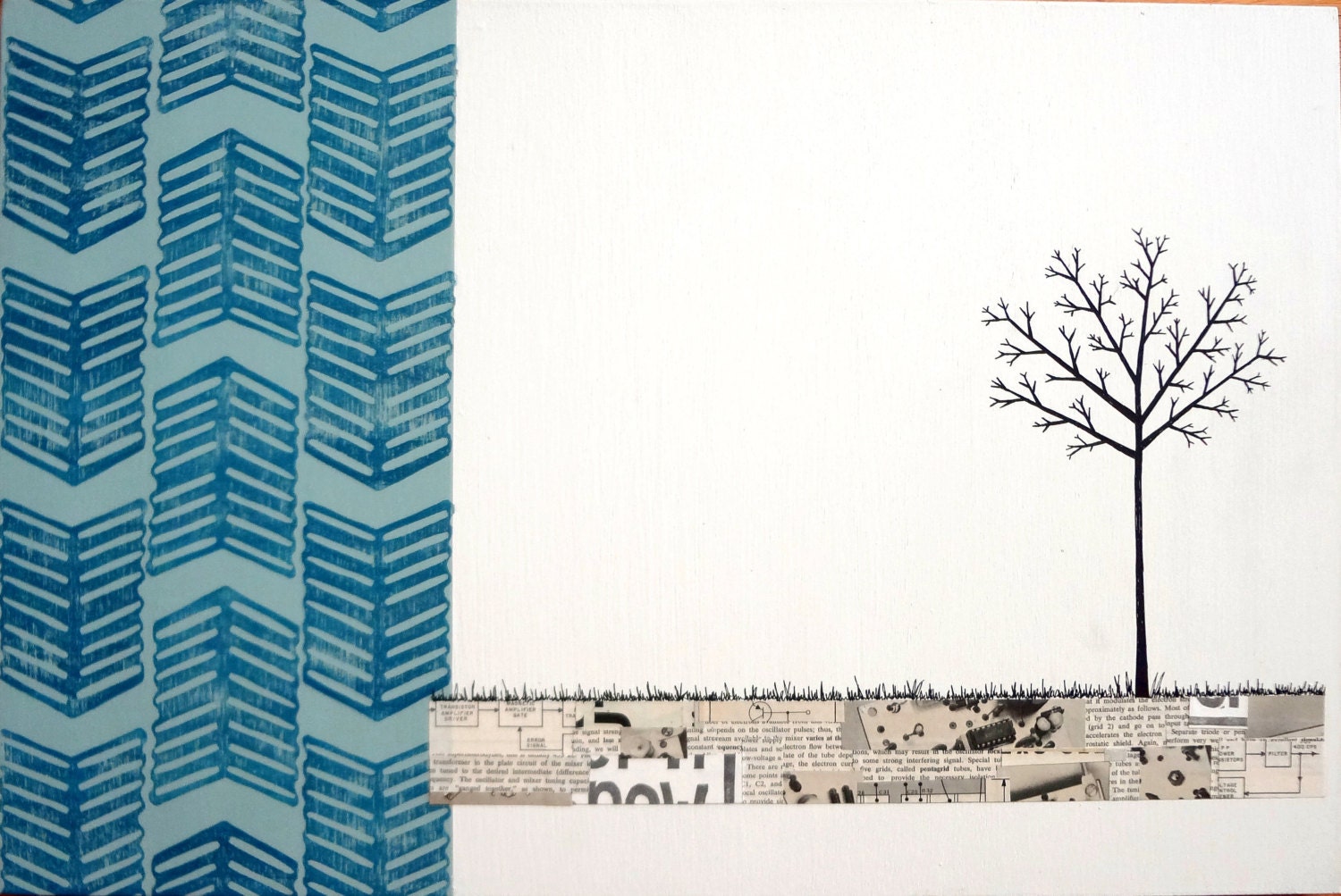 Mixed Media Collage Tree Art on Wood, Block Printed Chevron Pattern with Tree Illustration, Original Art by Erin Lang Norris.
