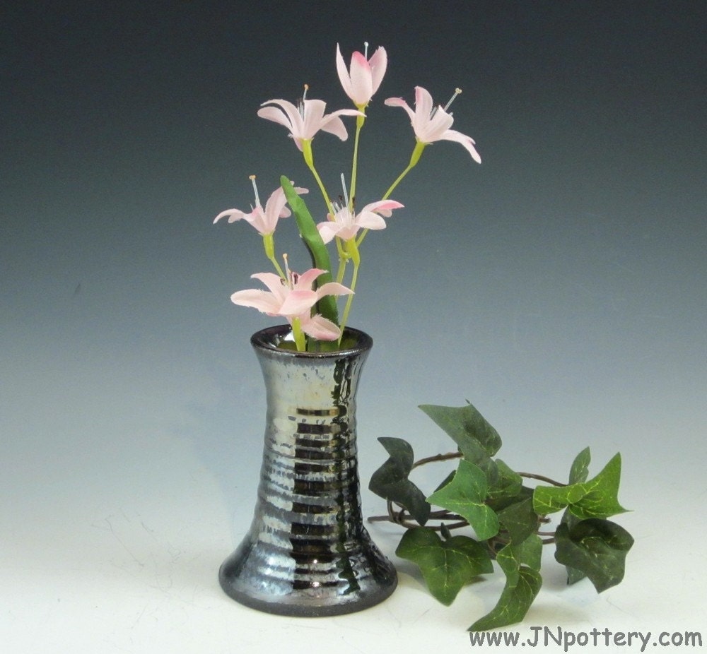 Antique Mirror Finish Ceramic Bud Vase, Dark Silver Stoneware Flower Holder, Palladium  v432