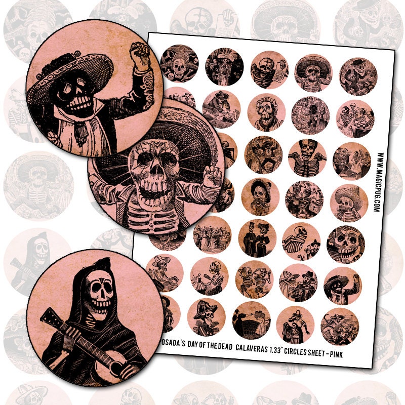 Day of the Dead Calavera Pink  1.33 inch 34 mm circle digital collage sheet