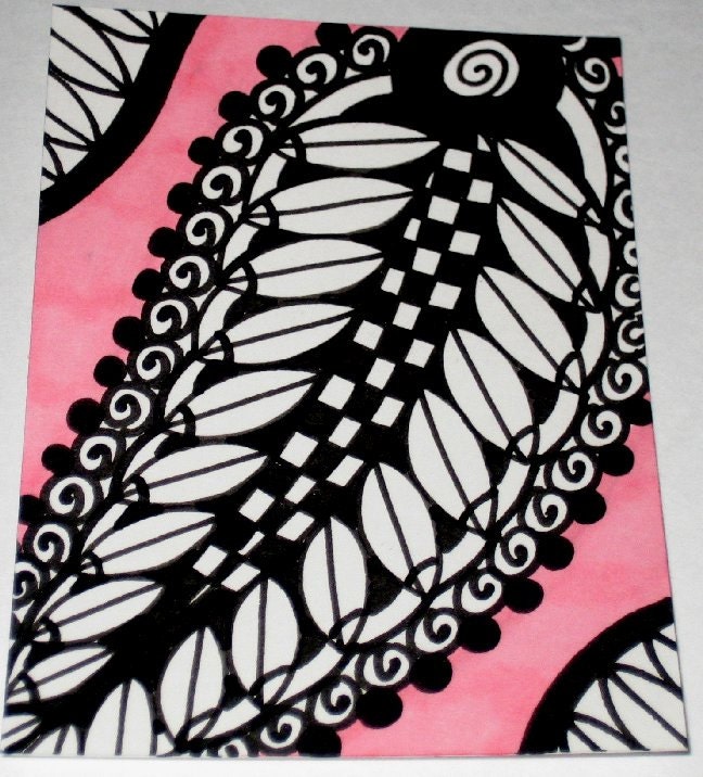 Original Drawing ACEO  Black and White and Pink Design