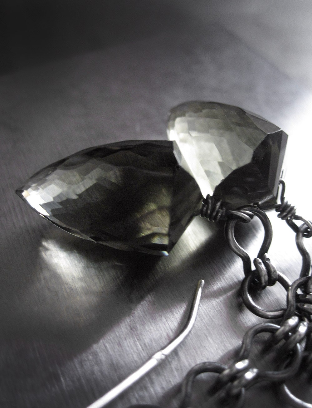 Smoke Grey Faceted Bullet Earrings, Oxidized Sterling Silver, Long Sexy Gray Hydro Quartz Earrings, Contemporary Modern Jewelry