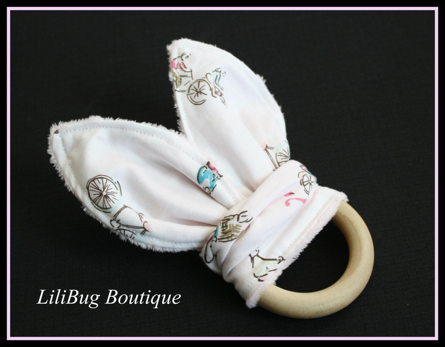 LiliBug Natural Wooden Teething Ring White and Pink Bicycle and Minky Dot Bunny Ear Soother