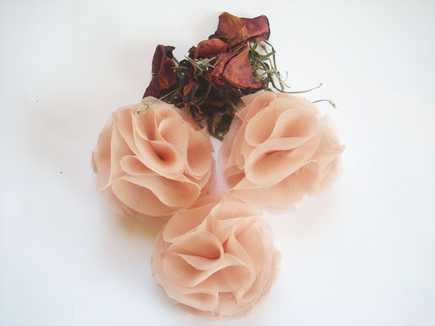 3 -  Pom Pom Rose Pink Fabric Flowers - Sewn or Glued - Hair Accessories, Fabric Jewelry, Embellishments, Ect.