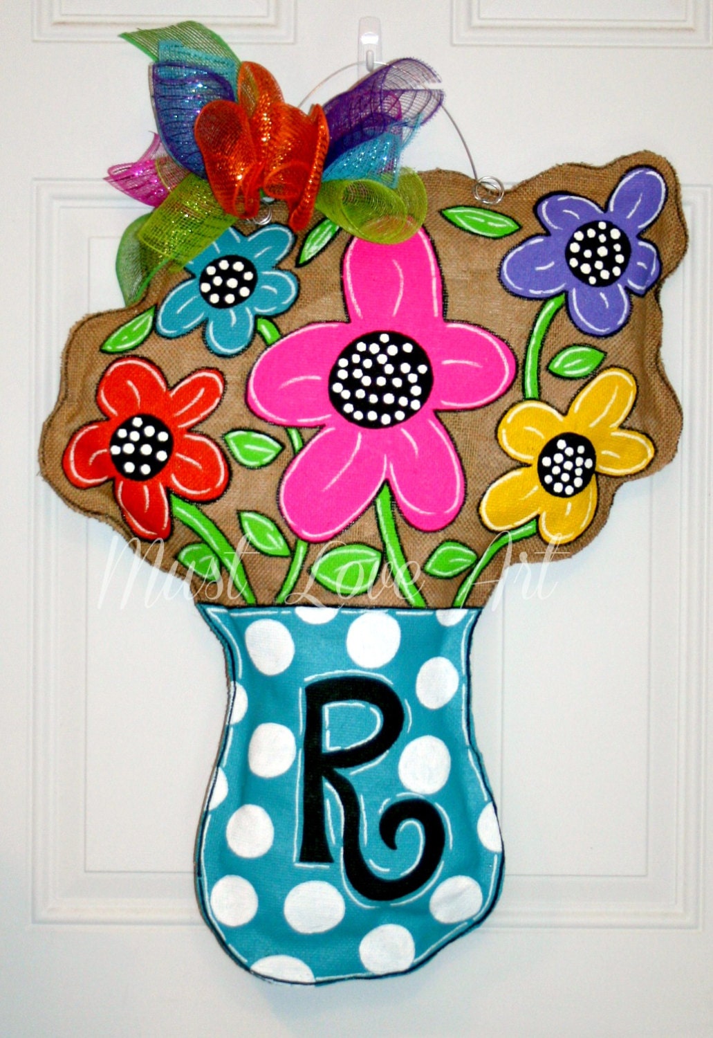 Flower Pot Mother's Day Burlap Door Hanger Decoration Spring Summer Polka Dots