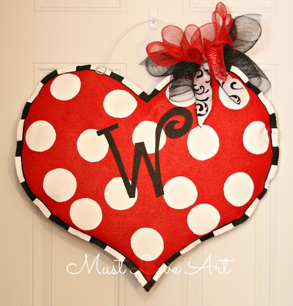 Hand Painted Valentine's Burlap Heart Door Hanger Decoration HUGE 2 ft x 21"