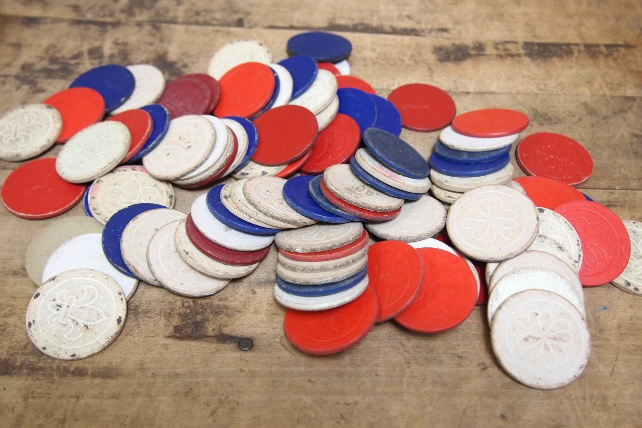 Vintage Cardboard poker chips red white blue fleur de lis clover de-stashing